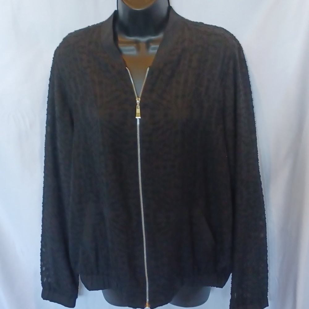Relativity Sheer sleeves Textured Zip Up Jacket, elastic cuffs and bottom EUC